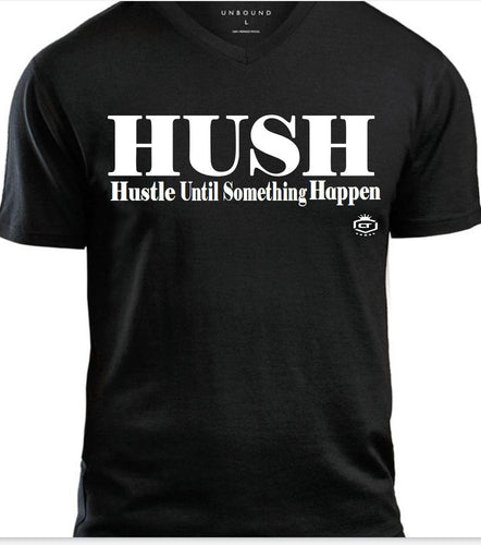 HUSH in White on Black Short Sleeve