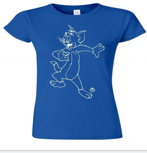 White Cartoon Graphic on Blue Short Sleeve